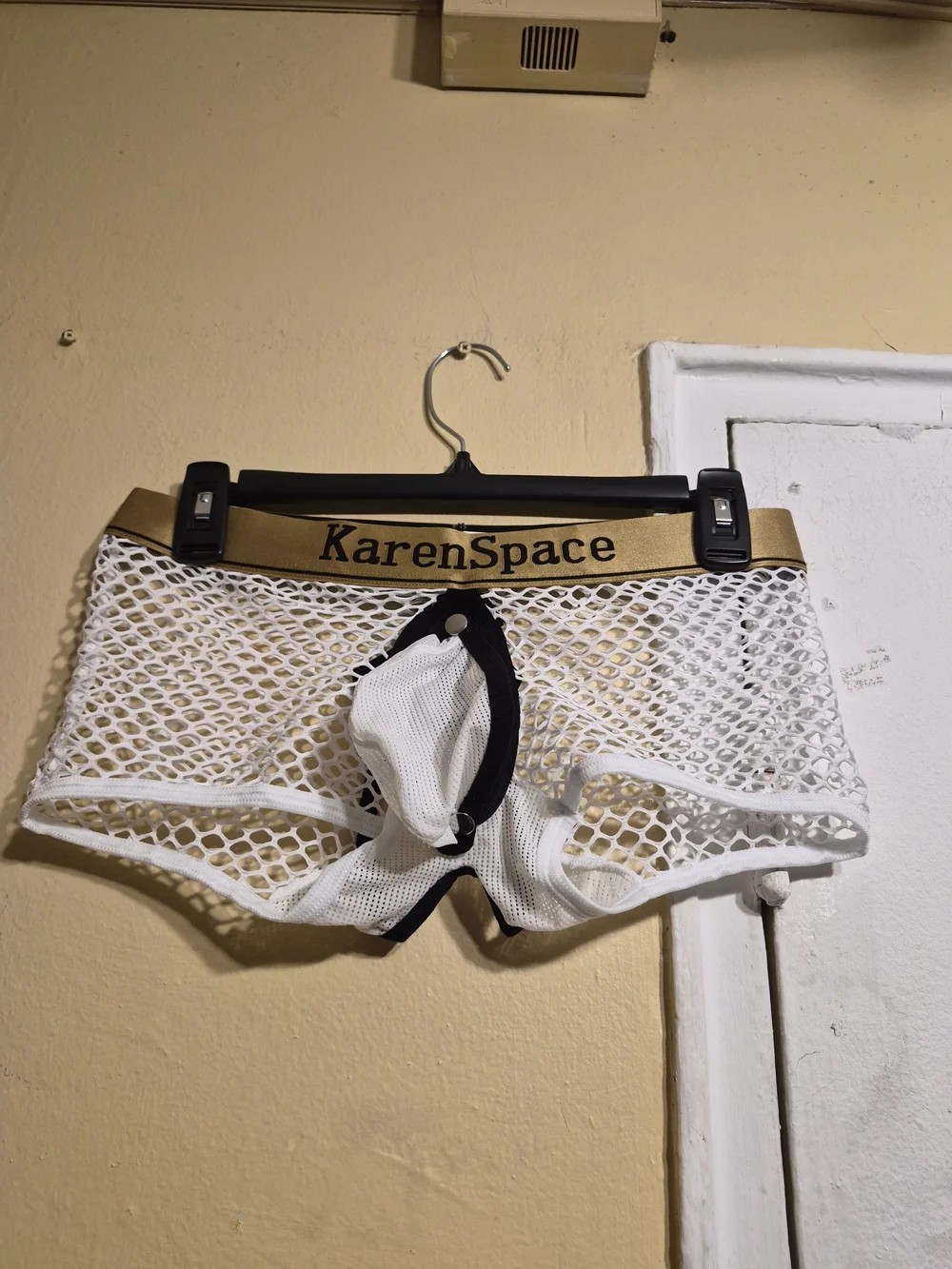 KarenSpace Men's White Mesh Brief with Black Trim and Gold Waistband Size L